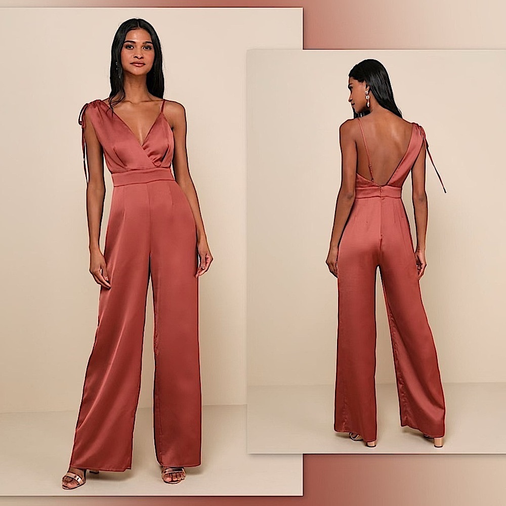 🦩Lulus Look of Luxe Rusty Rose Satin Asymmetrical Wide-Leg Jumpsuit, L, NWT✨